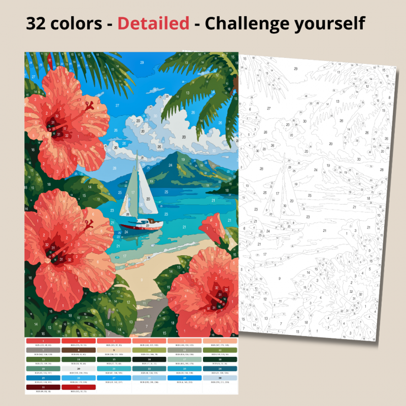 Monstera Beach Paint by Numbers for Adults, Tropical Color by Number Printable