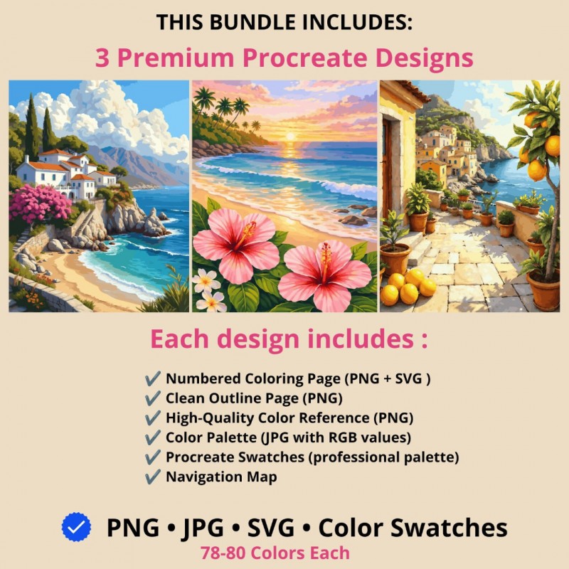 3 Expert Procreate Paint by Numbers Bundle, Mediterranean Coloring Pages for Adults, 78-80 Colors 3 Expert Procreate Paint by Numbers Bundle, Mediterranean Coloring Pages for Adults, 78-80 Colors