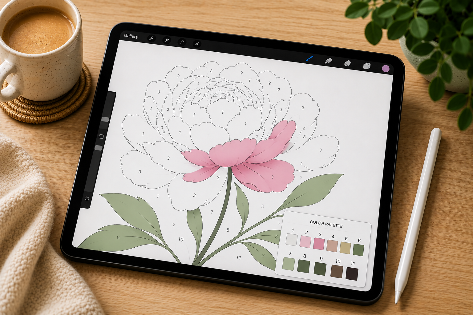 Digital paint by numbers coloring on a tablet with stylus and color palette