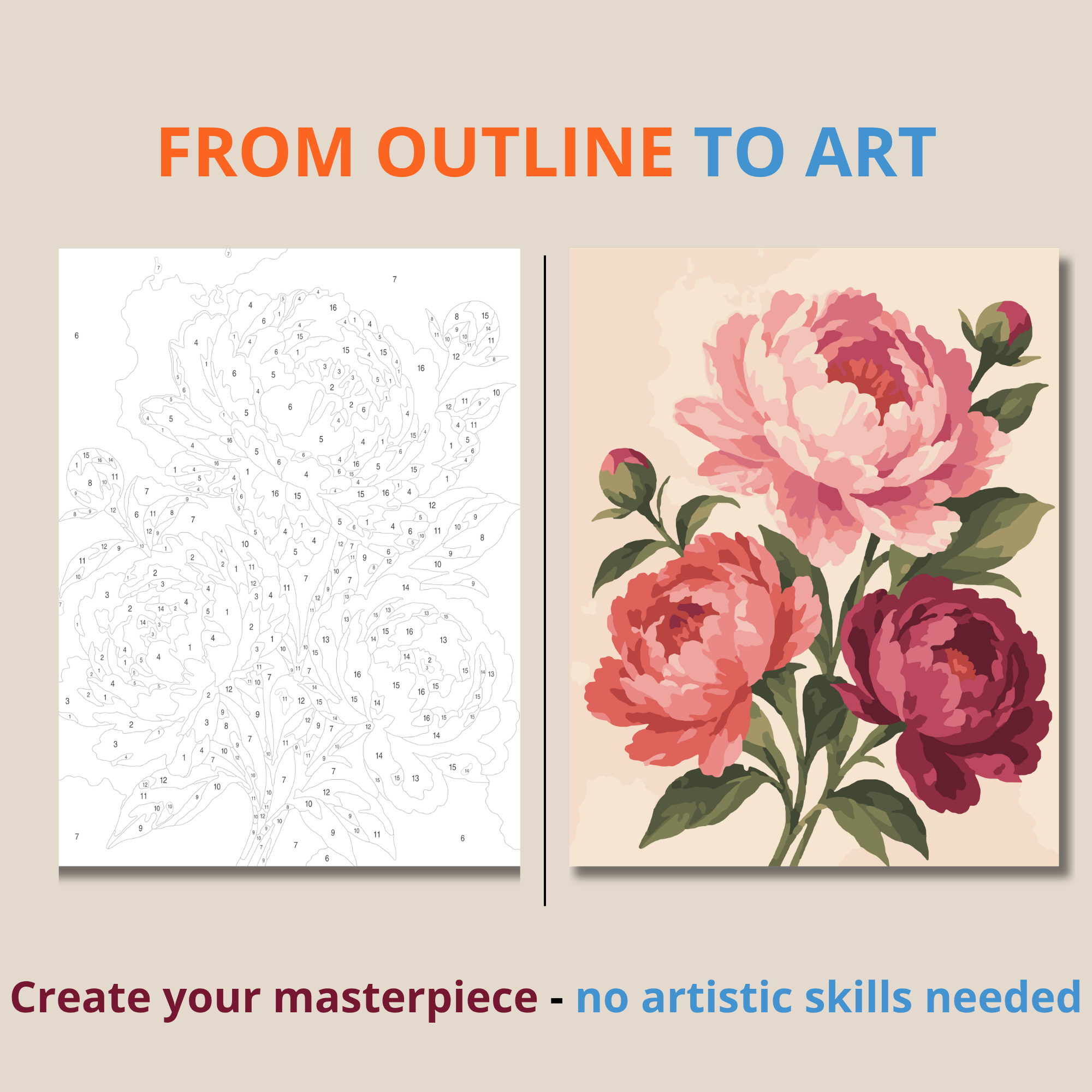 From a numbered outline to a finished paint by numbers artwork