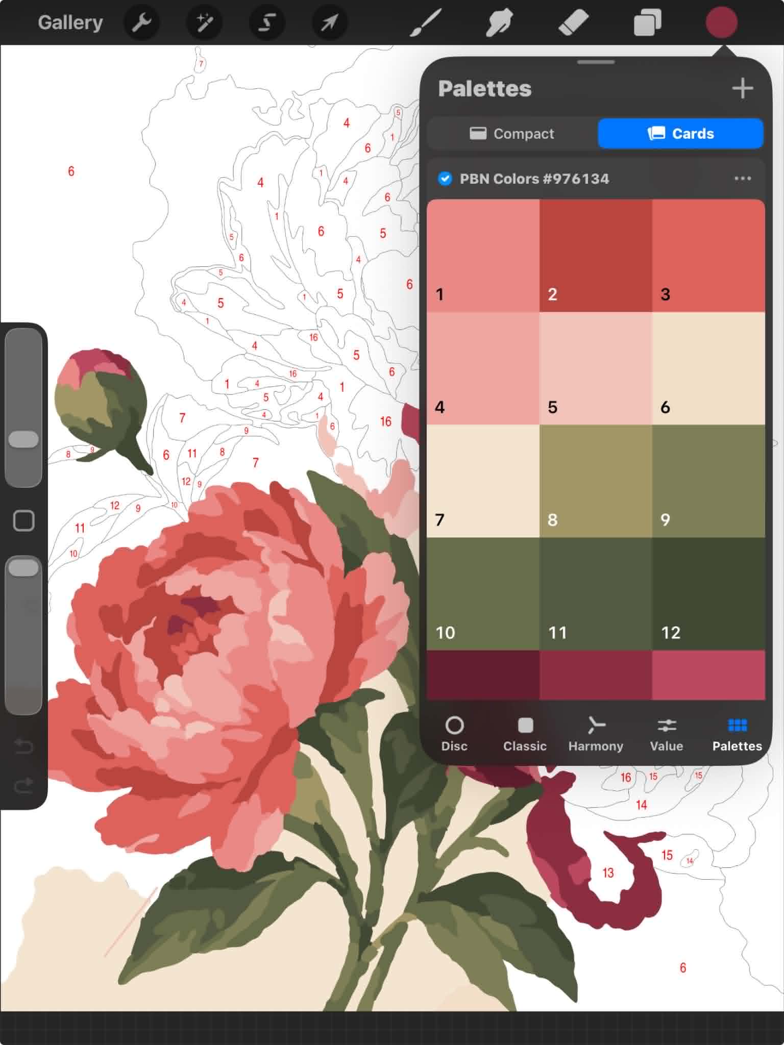 Numbered paint by numbers color palette imported into Procreate