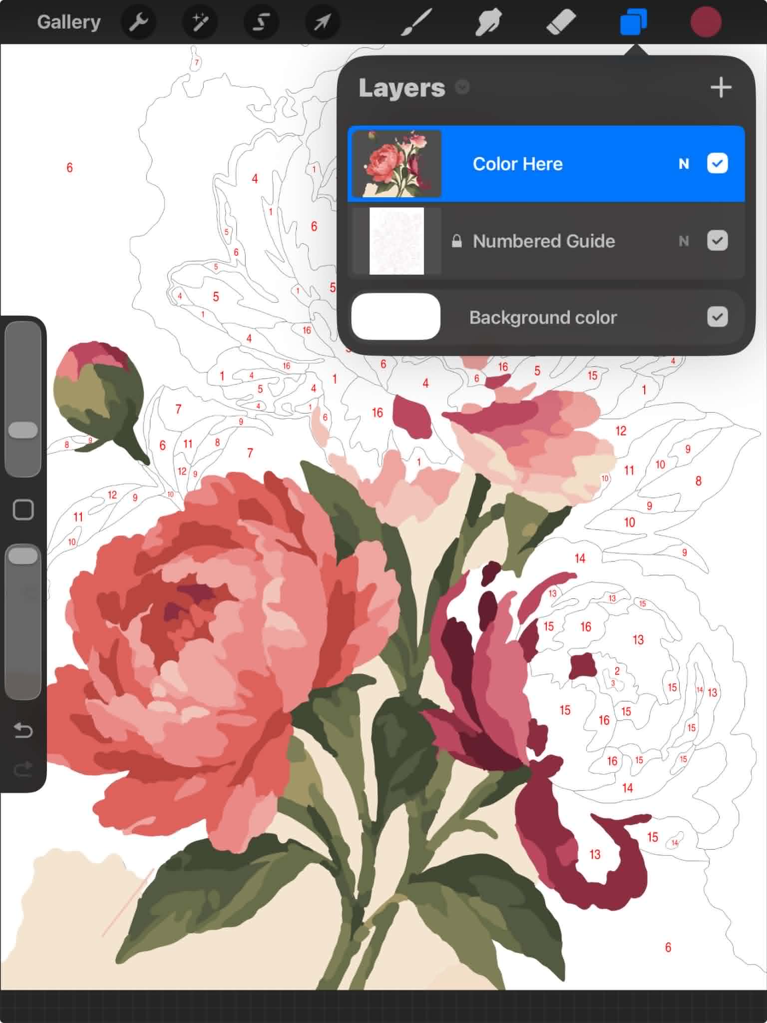Procreate paint by numbers layers showing Color Here above a locked Numbered Guide